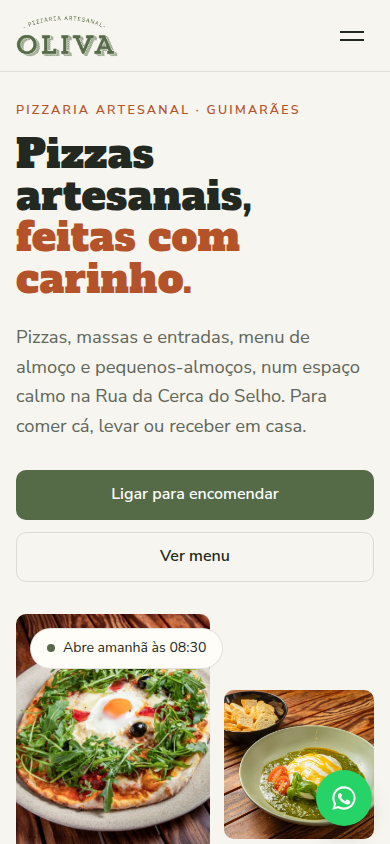 Site da Pizzaria Oliva aberto no telemóvel